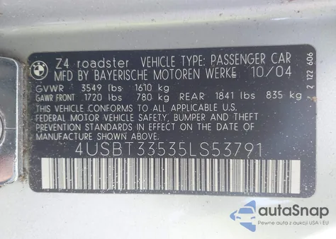 2005 BMW Z4 2.5I из США, поврежденный, VIN 4USBT33535LS53791